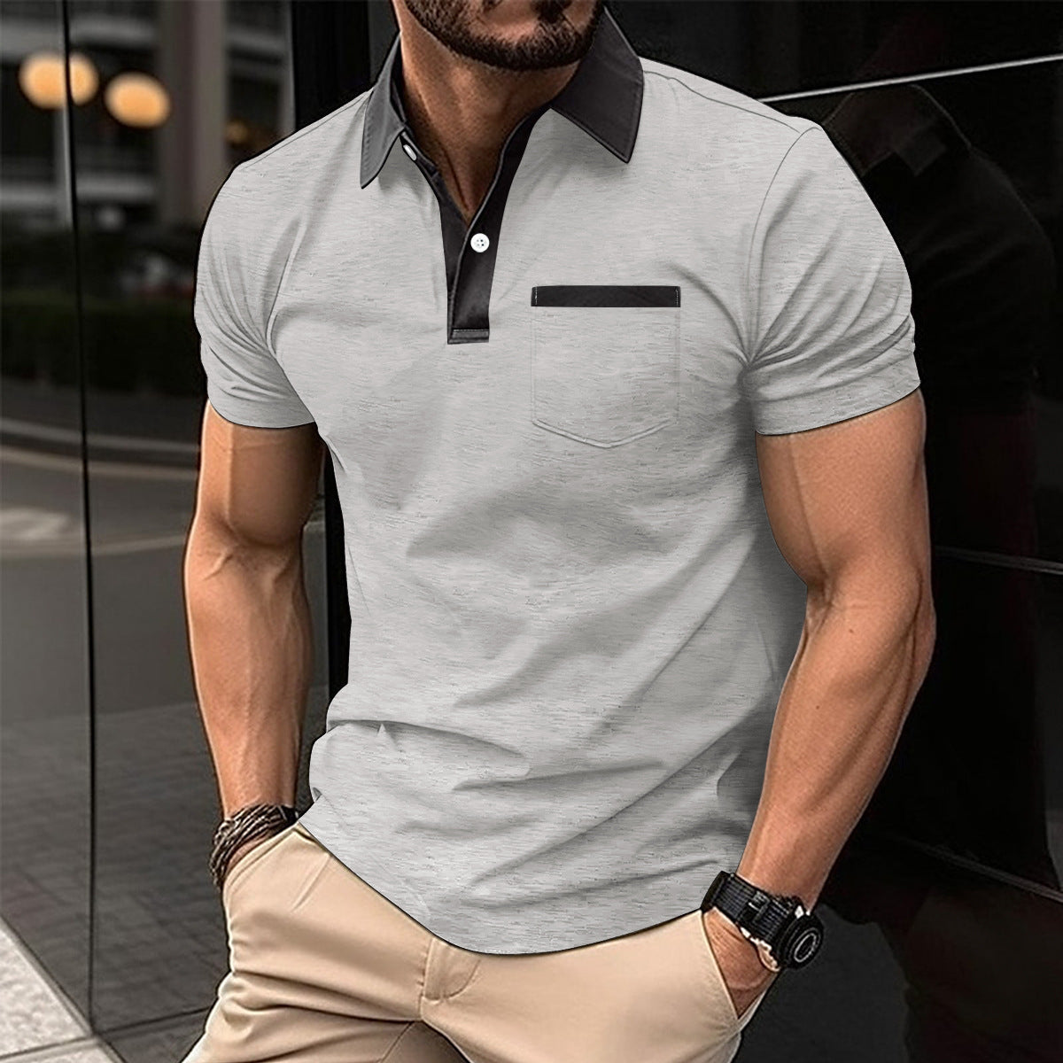 Lapel Fashion Slim Pocket Short-Sleeved T-Shirt Polo Shirt Men Clothing