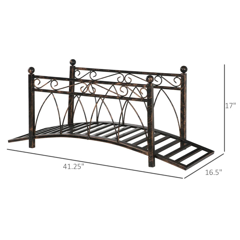 Metal Arch Zen Garden Bridge With Safety Siderails, Decorative Footbridge, Delicate Scrollwork & Corner Spheres For Stream, Fish Pond, Bronze