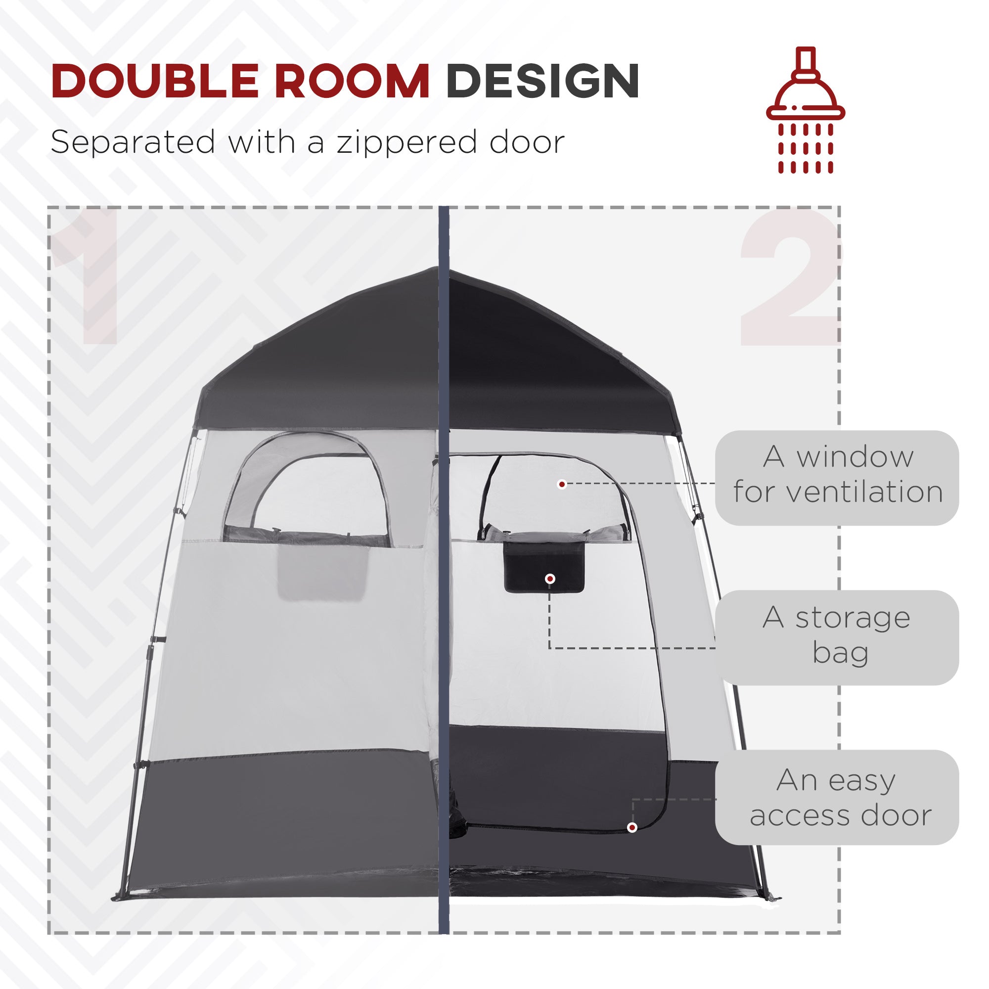 Shower Tent w/ Two Rooms, Shower Bag, Floor and Carrying Bag, Portable Privacy Shelter, Instant Changing Room for 2 Person, Black