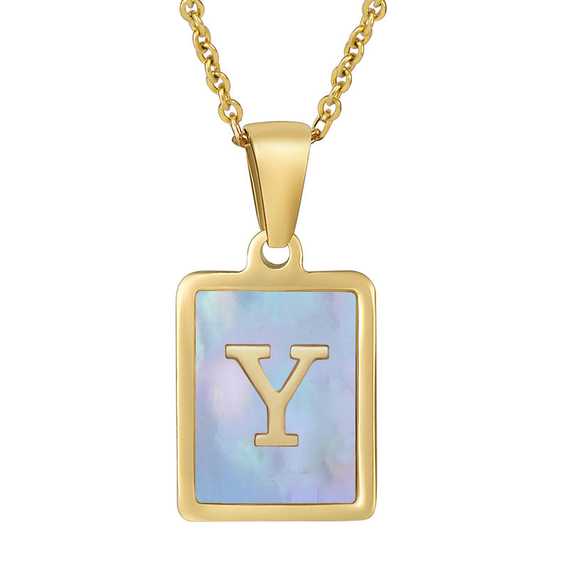 Titanium Steel 26 English Letter Necklace Blue Shell