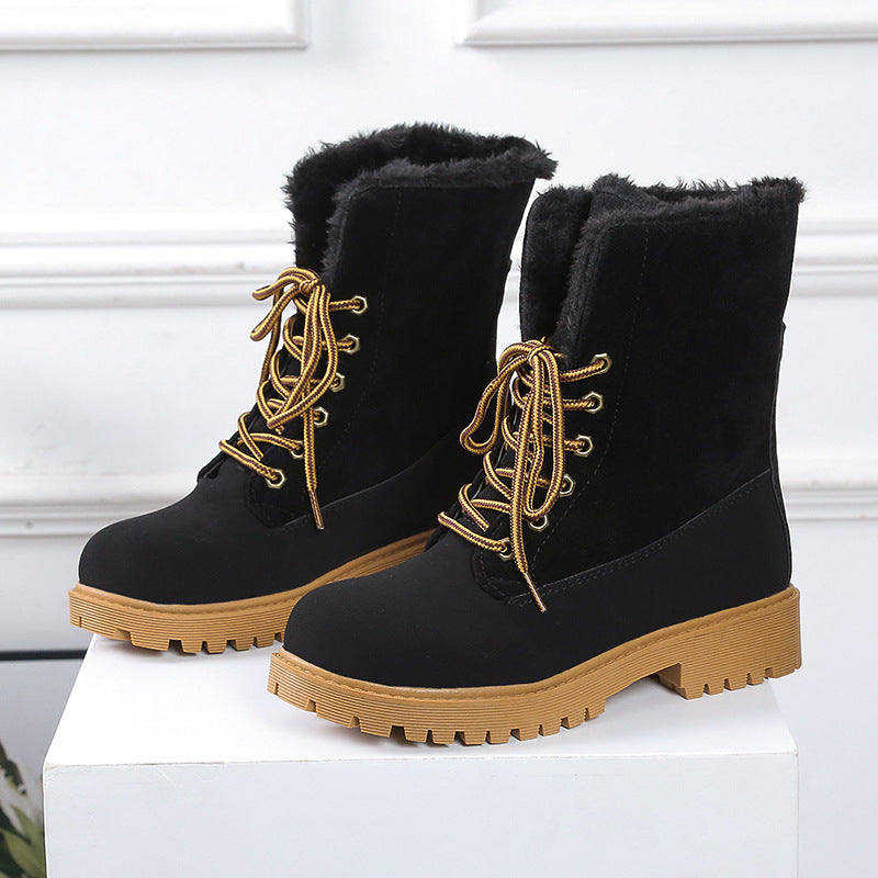 European and American Round Toe Lace Low Heel Snow Boots