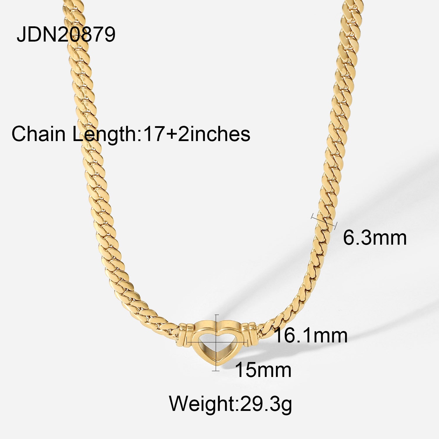 Stainless Steel Cuban Chain Heart Necklace 14K