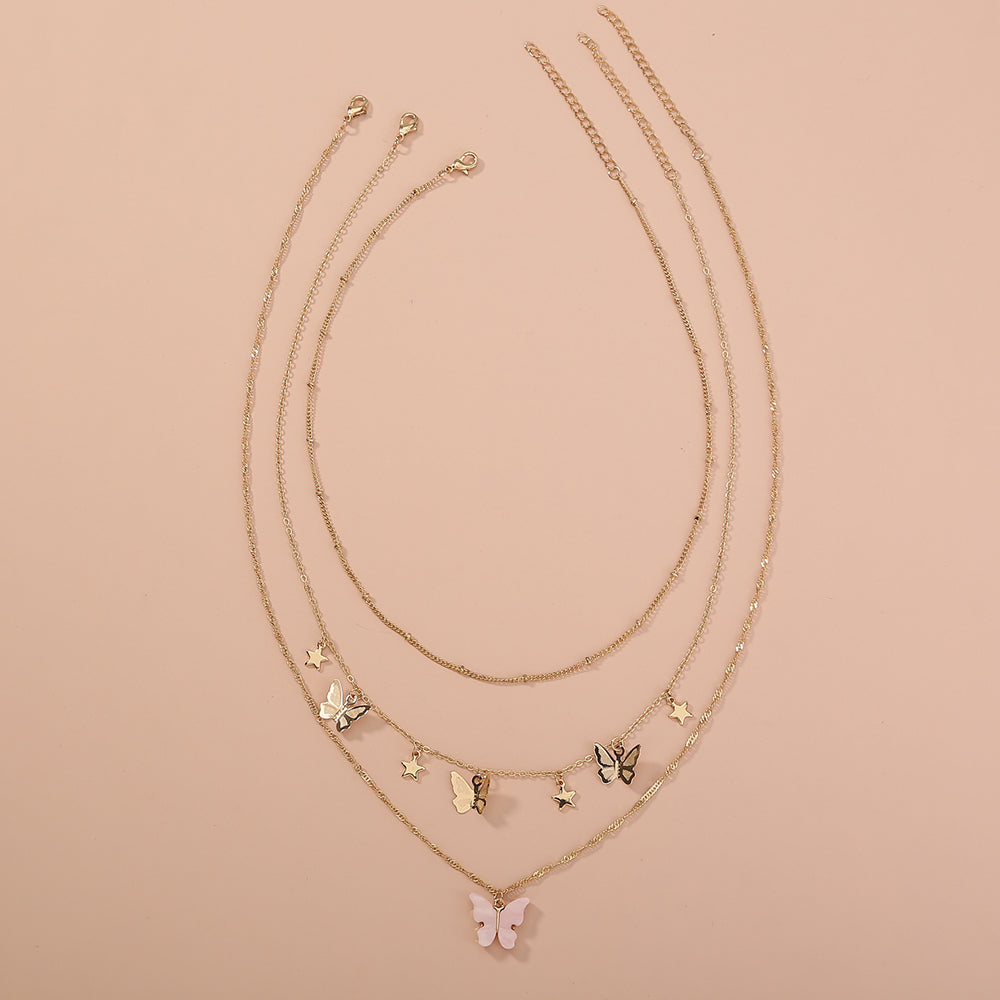 Simple Temperament Net Red Multi-Layer Butterfly Three-Layer Necklace Female South Korea Metal Star Multi-Layer Necklace INS Clavicle Chain
