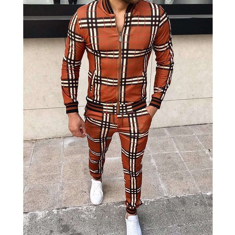 New Men's Leisure Suits Tracksuits Men Grid Two-Piece Patchwork Zipper Tracksuits Small Leg Trouser Sportswear New Man Sets
