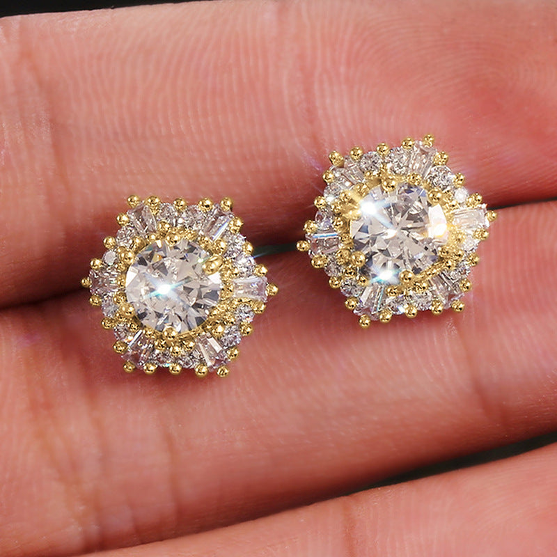 1 Pair Sparkly Hexagon Full Cubic Zirconia Stud Earrings For Women, Luxury Shiny Hypoallergenic Earrings For Daily Wear Wedding Party
