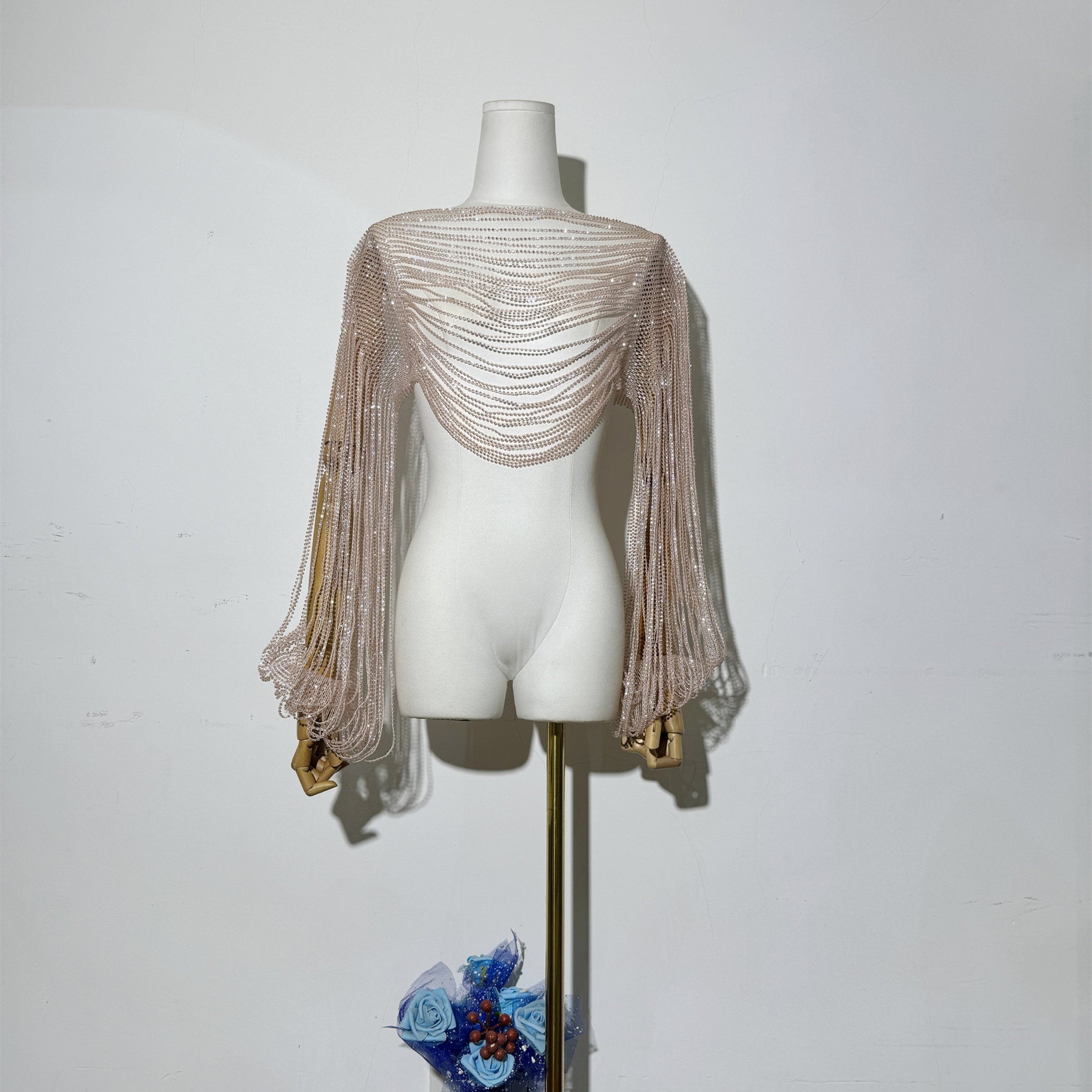 Diamond-Embellished Accessory Shawl Long-Sleeve Top
