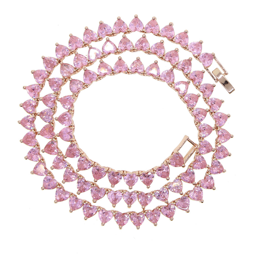 Cross-Border New Arrival Heart-shaped Zircon Tennis Chain Men And Women Rap Necklace Ornament