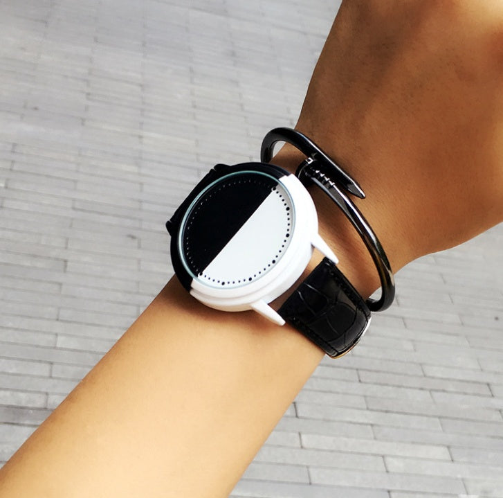 LED Touch Student Couple Watch Leather Smart Black and White Stitching Men and Women Watch