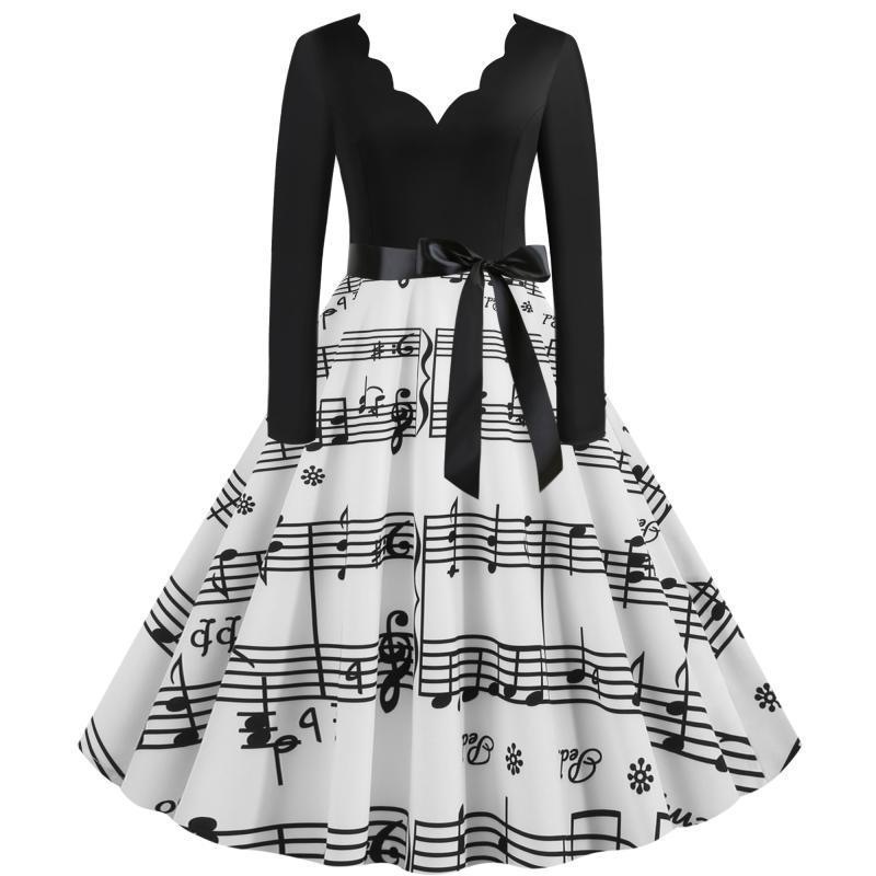 Retro Hepburn Style Print Stitching Long-Sleeved Burnt Flower Dress