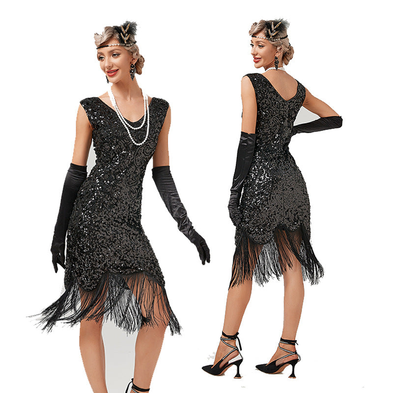 Vintage Sequin Skirt Gatsby Prom Tassel Dress
