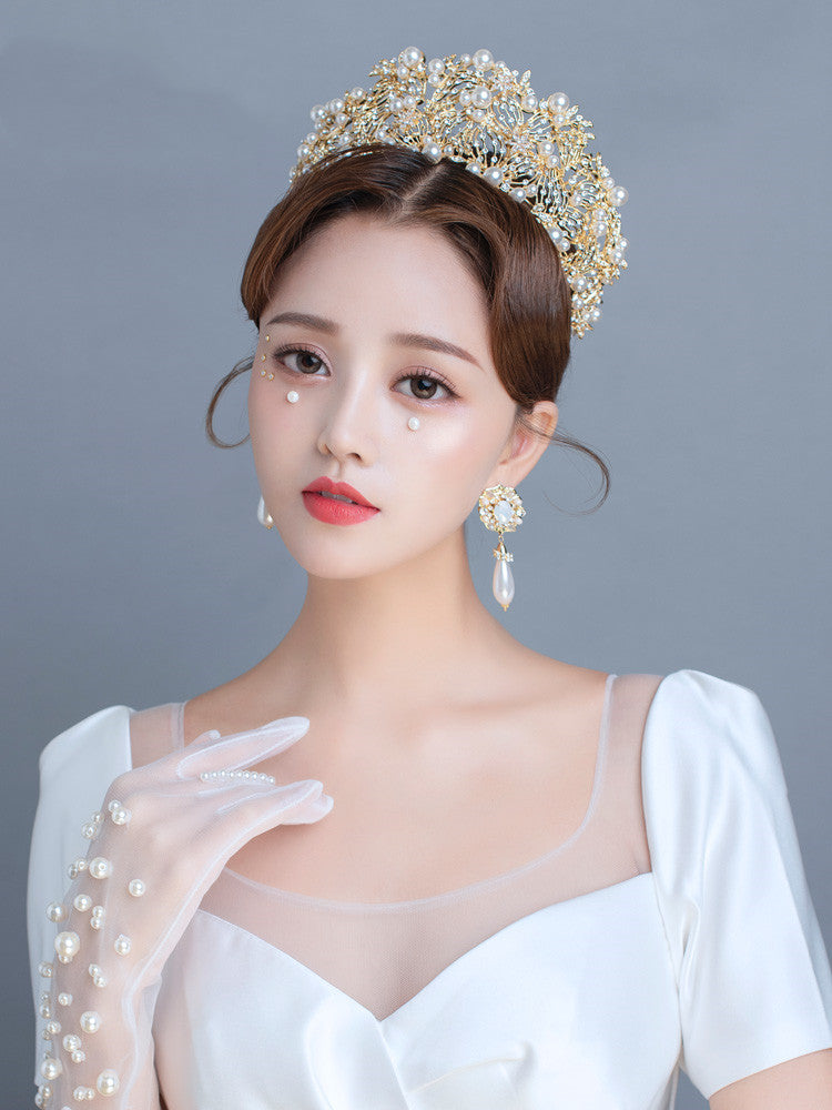 Golden Yellow Diamond Pearl Crown Hair Ornament