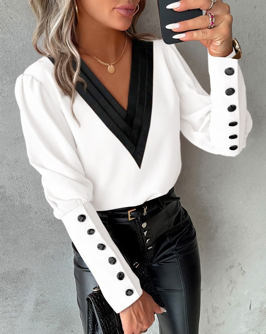 Fashion V-Neck Long Sleeve Blouse With Button Design Commuter Leisure Solid Shirt Top Womens Clothing
