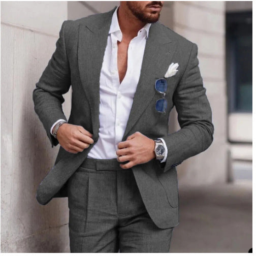 Men's Large Single Row One Button Solid Color Suit Two-Piece Set