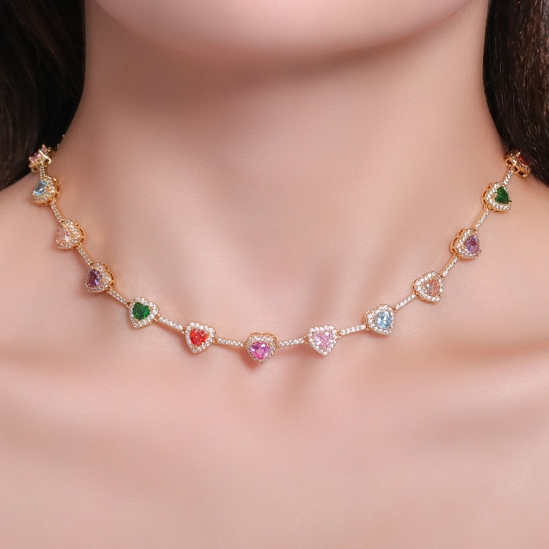 Candy Color Heart Color Zircon Necklace Ornament