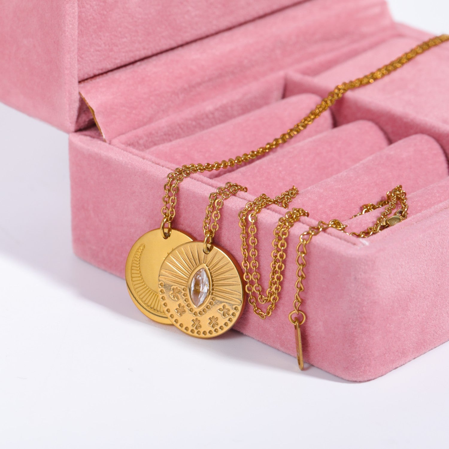 Three-Dimensional Sun Moon Round Coin Zircon Necklace