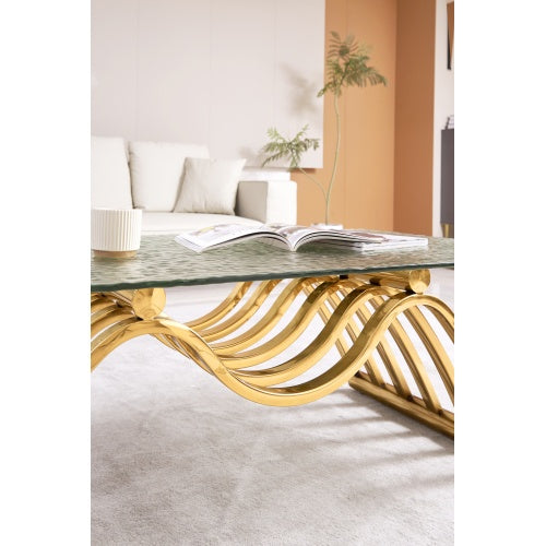 47 Rectangle Modern Stainless Steel Coffee Table, Water Ripple Tempered Glass Coffee Table, Center Table, For Living Room Home Office, Easy Assembly, Gold