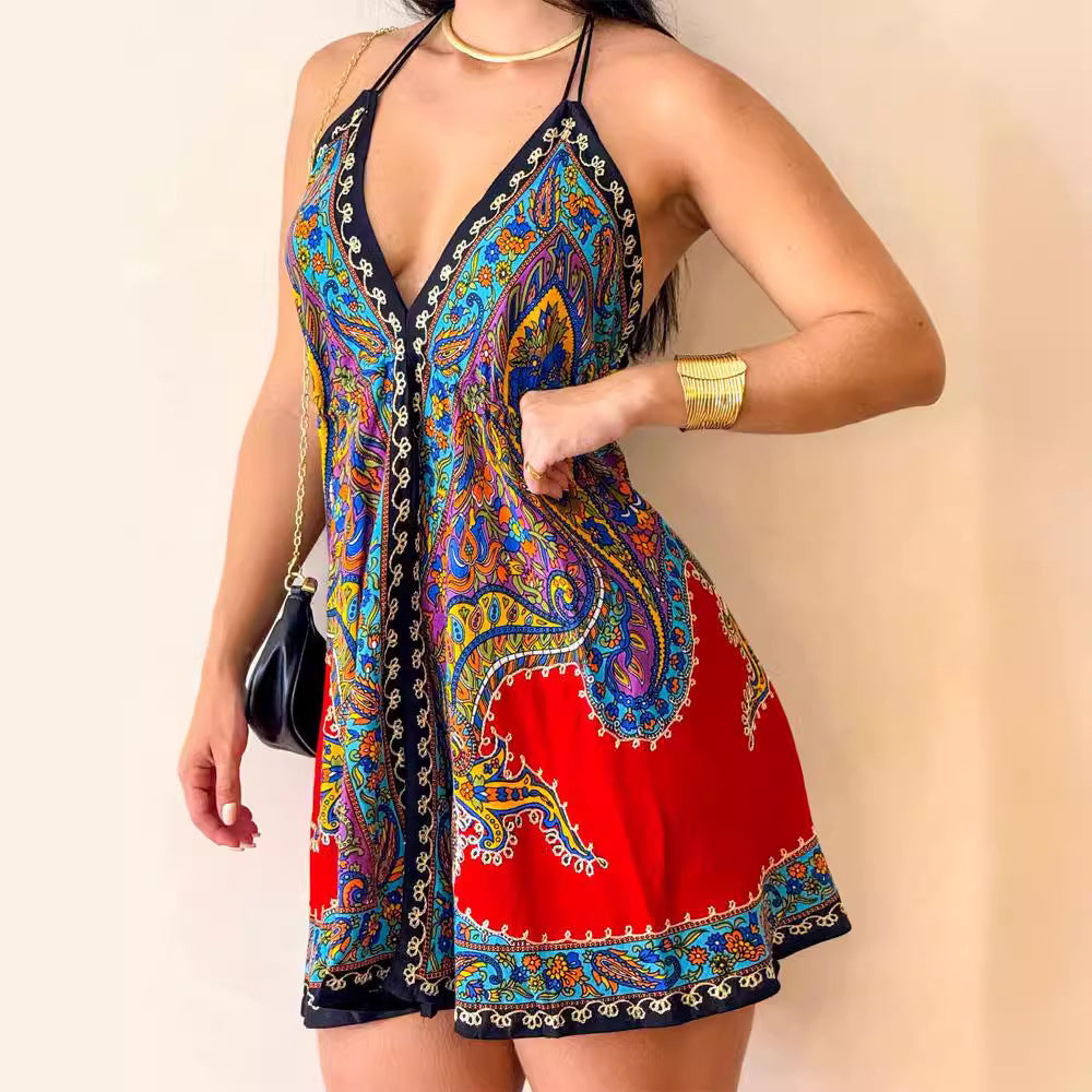 Retro Printed V-Neck Dress Women