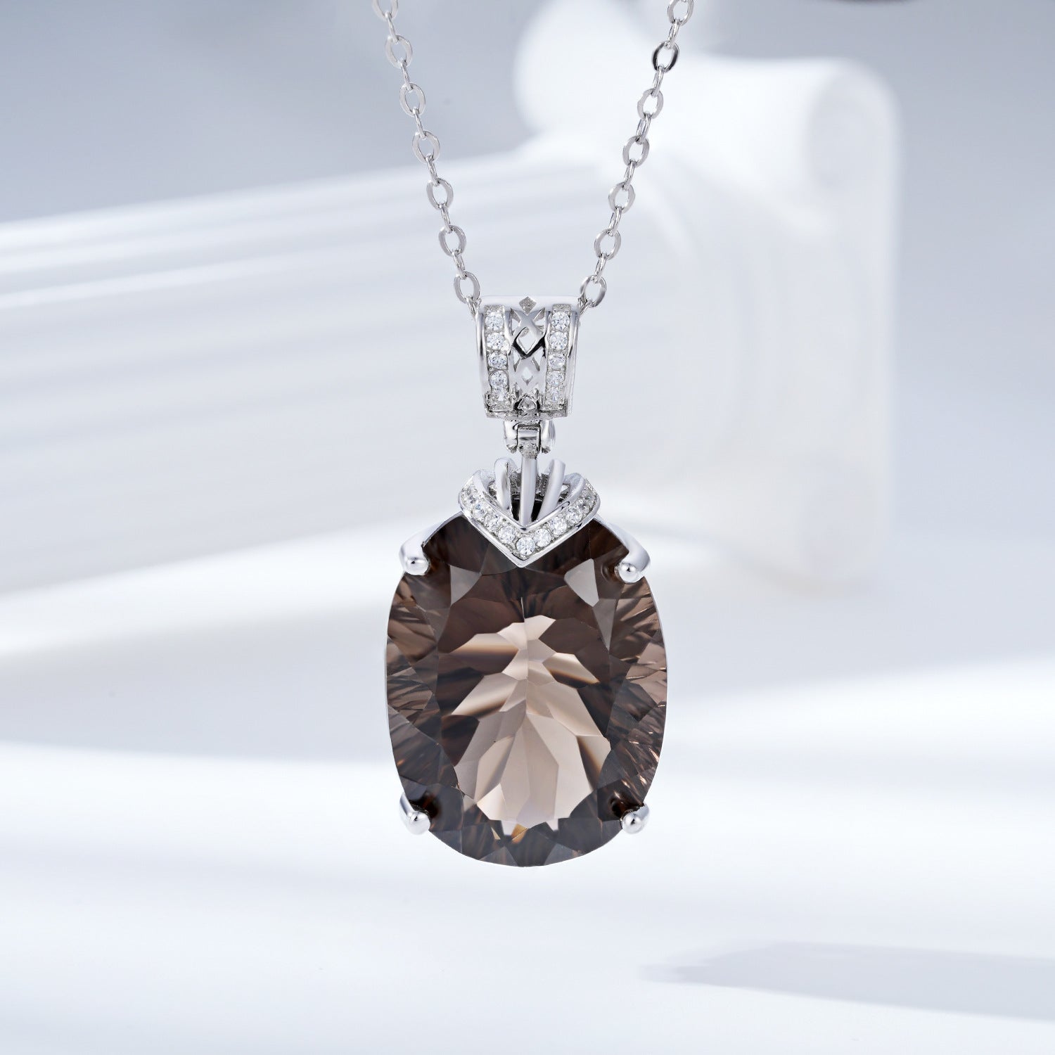 Luxury And High-Grade Natural Tea Crystal Pendant Fashionable Design S925 Silver Inlaid Egg Shaped Gem Necklace
