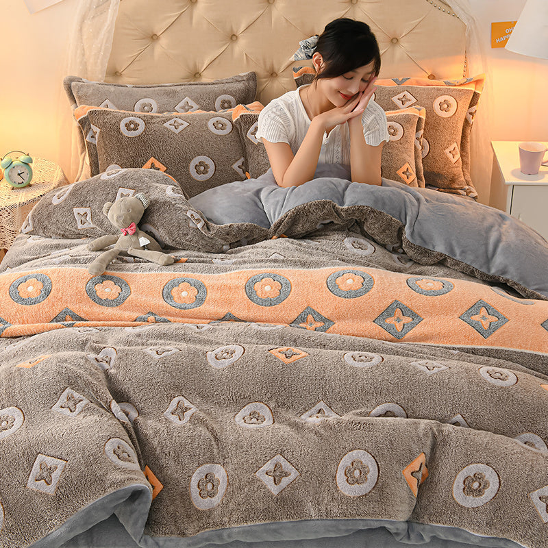 Coral Velvet Sheet Duvet Cover Double Sided Plus Velvet Thick Bedding Set
