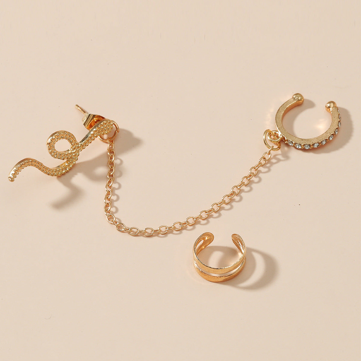 Snake-Shaped Chain Ear Clip Net Red Full Diamond Animal Earrings Female