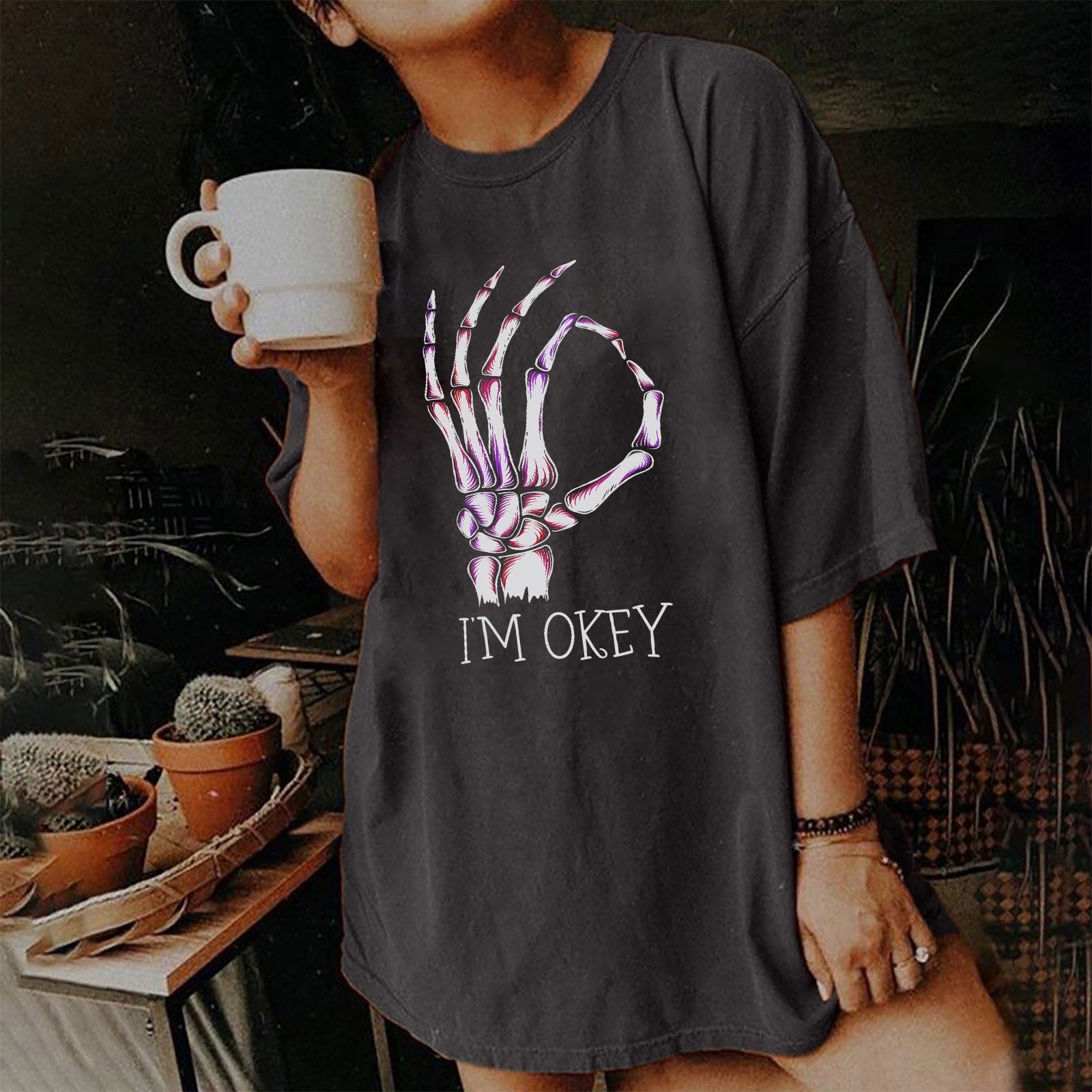 Women's Short Sleeved Vintage T-Shirt Skull Print High Street Fashion