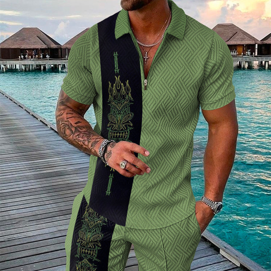 Men's Summer Fashion 3D Printed Short Sleeve Geometric Zip Lapel Shirt Set