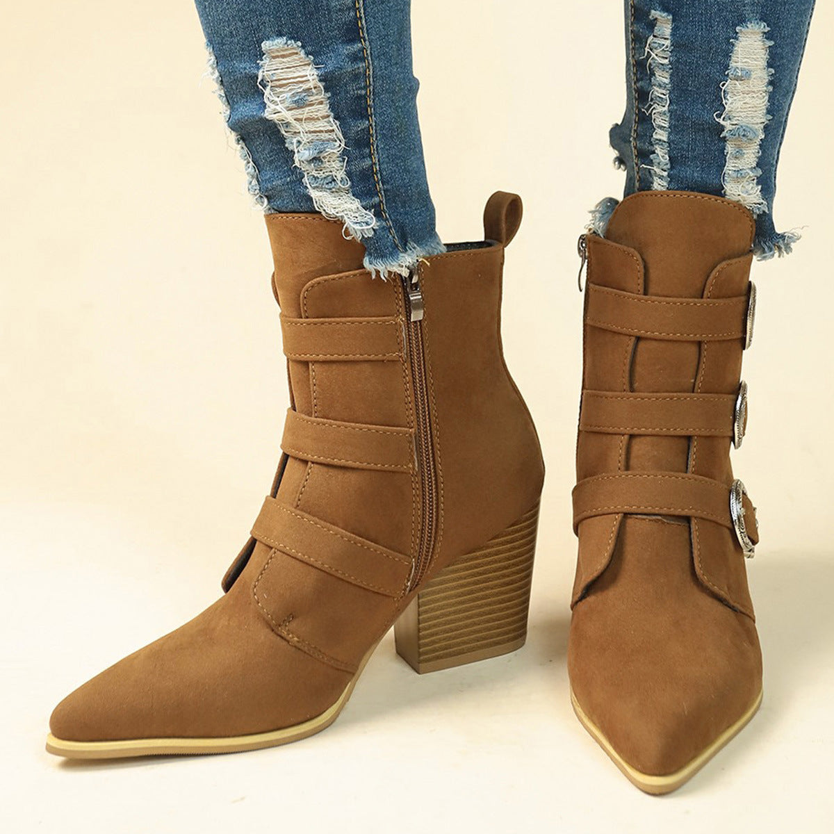 Chunky Heel Pointed Toe Boots With Belt Buckle Design Retro Mid-Calf Boot Fashion Fall Winter Shoes For Women
