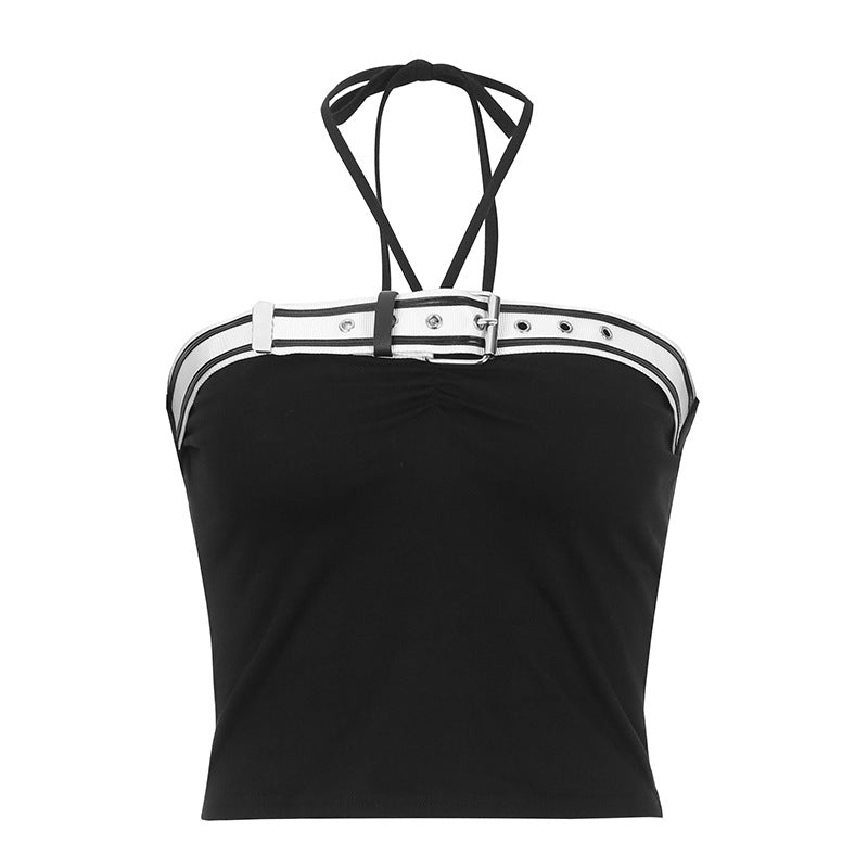 Personality Design Contrast Color Belt Stitching Halter Vest
