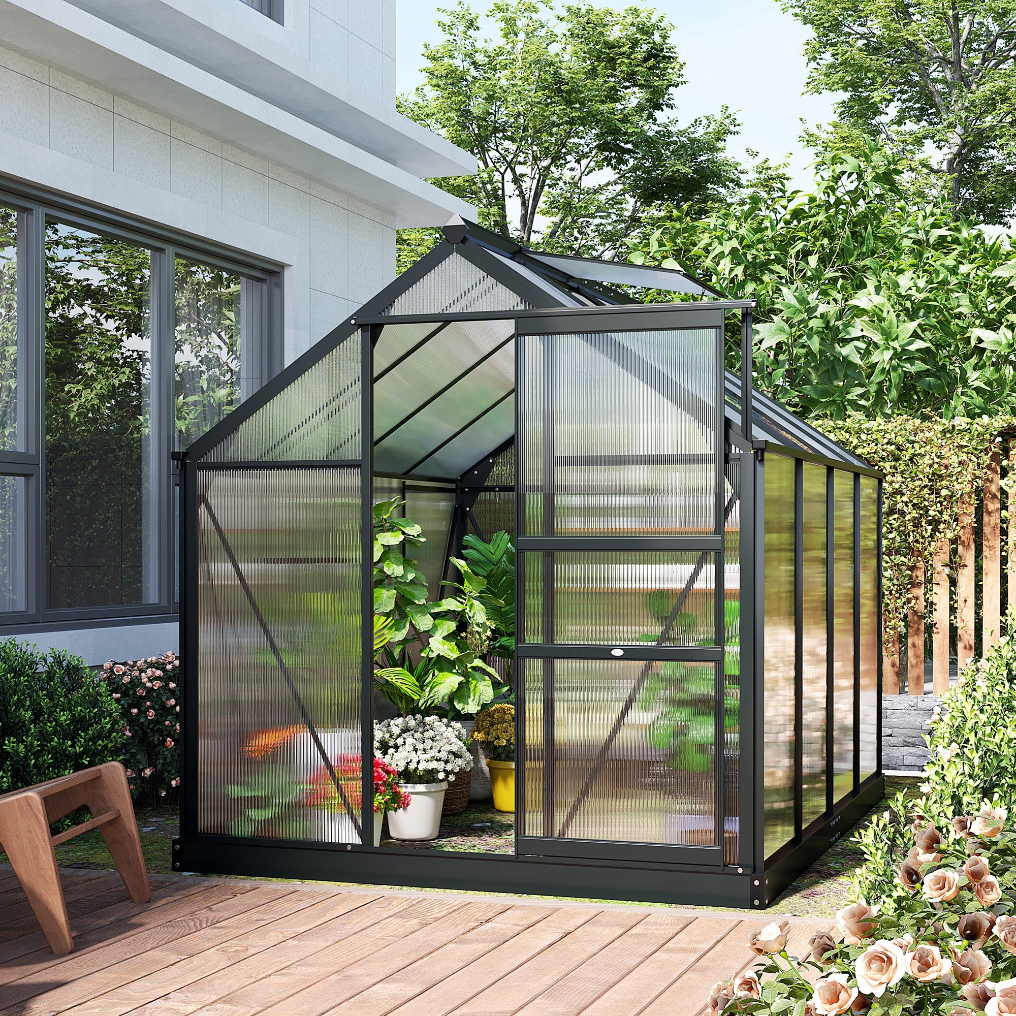 Polycarbonate Greenhouse, Heavy Duty Outdoor Aluminum Walk-in Green House Kit Vent Door, 6.2'x8.3'x6.6' Gray
