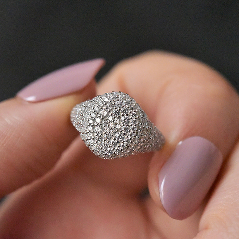 S925 Silver Tide Full Diamond Square Net Red Simple Cold Style Personality Ring
