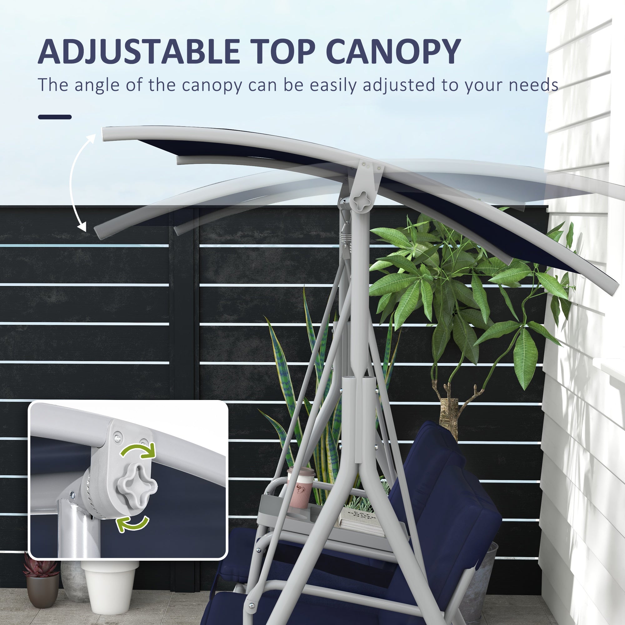 2-Seater Outdoor Porch Swing With Canopy And Table, Patio Swing Chair For Garden, Poolside, Backyard, Dark Blue
