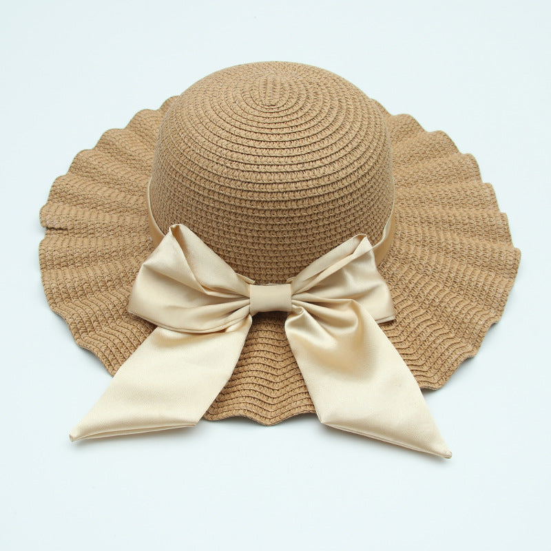 Wide-Brimmed Holiday Beach Hat With Shell Pattern Big Bow