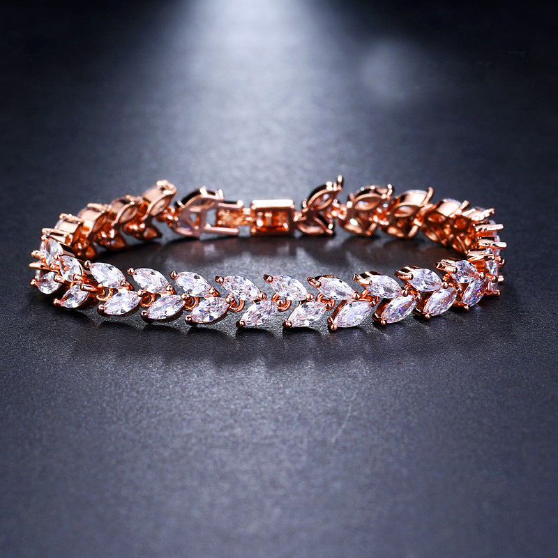 Korean Fashion Leaf Bridal Wedding Set Accessories Zircon Necklace Earrings Ring Bracelet Four-Piece Set