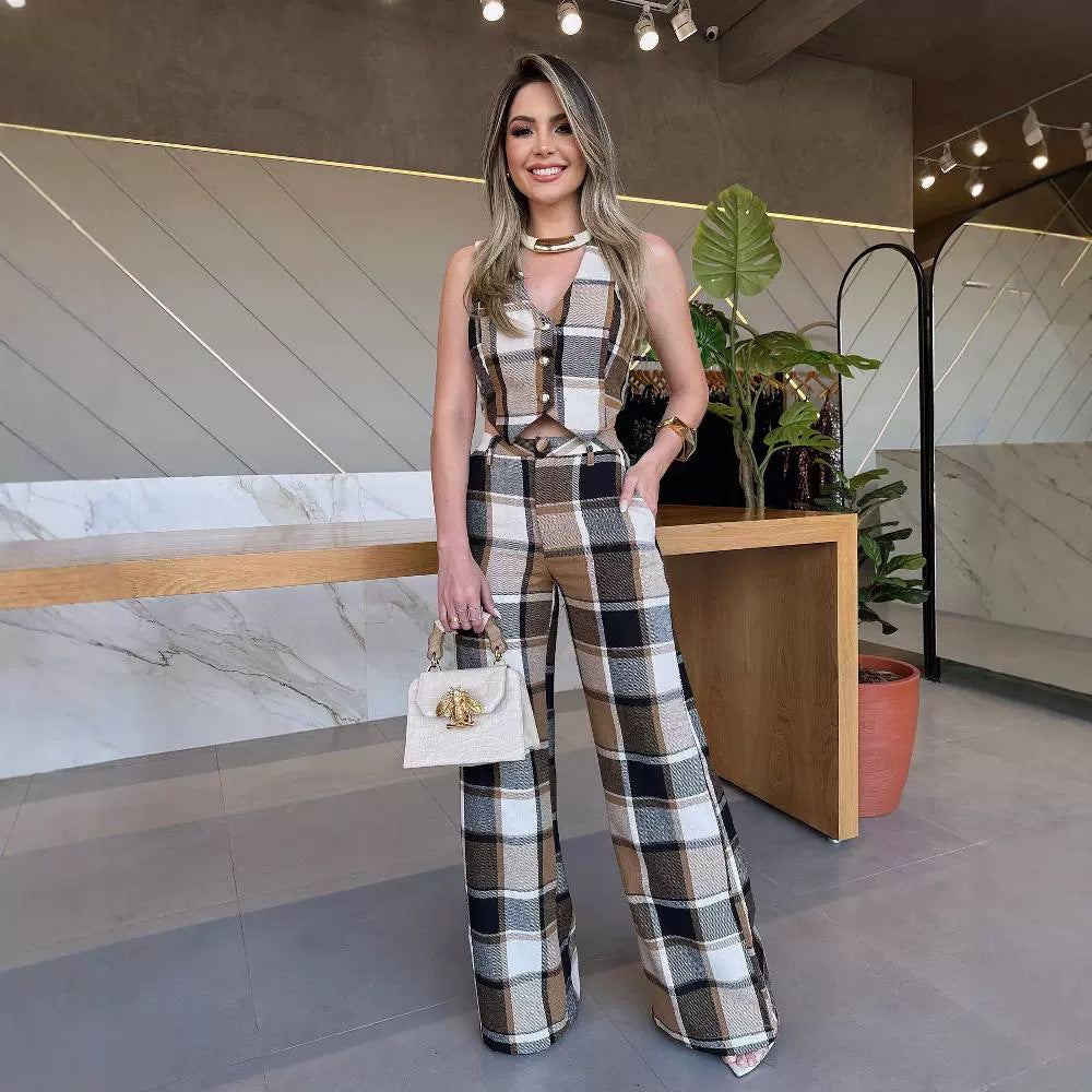 Plaid Sleeveless Vest Suit Straight-Leg Pants