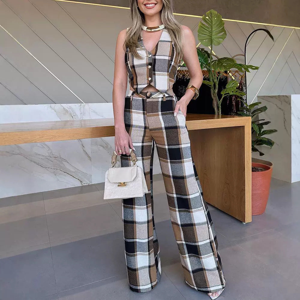 Plaid Sleeveless Vest Suit Straight-Leg Pants
