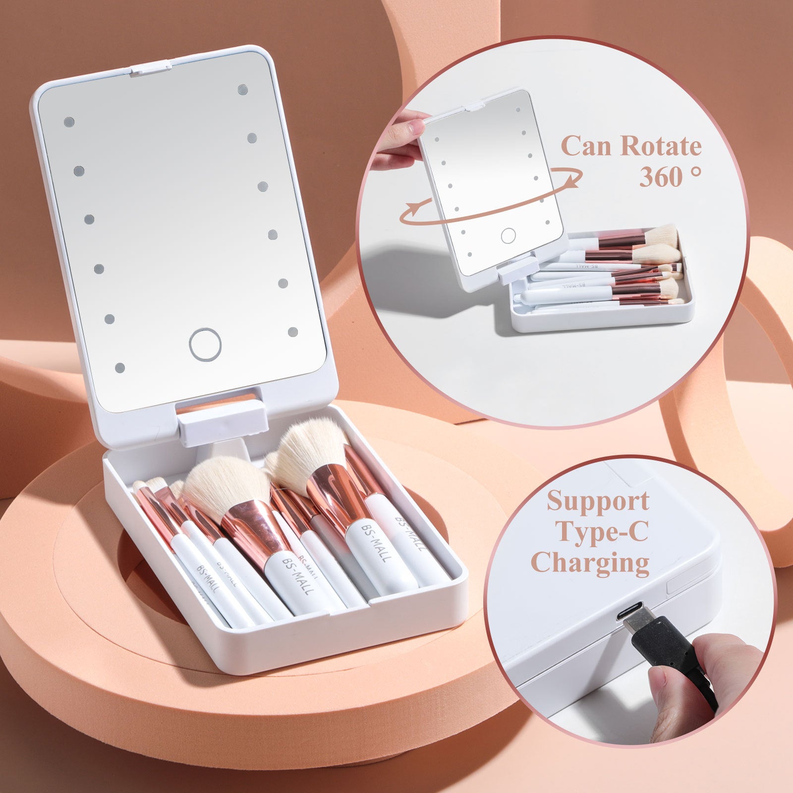 Rechargeable Luminous Mirror Portable Makeup Brush Suit