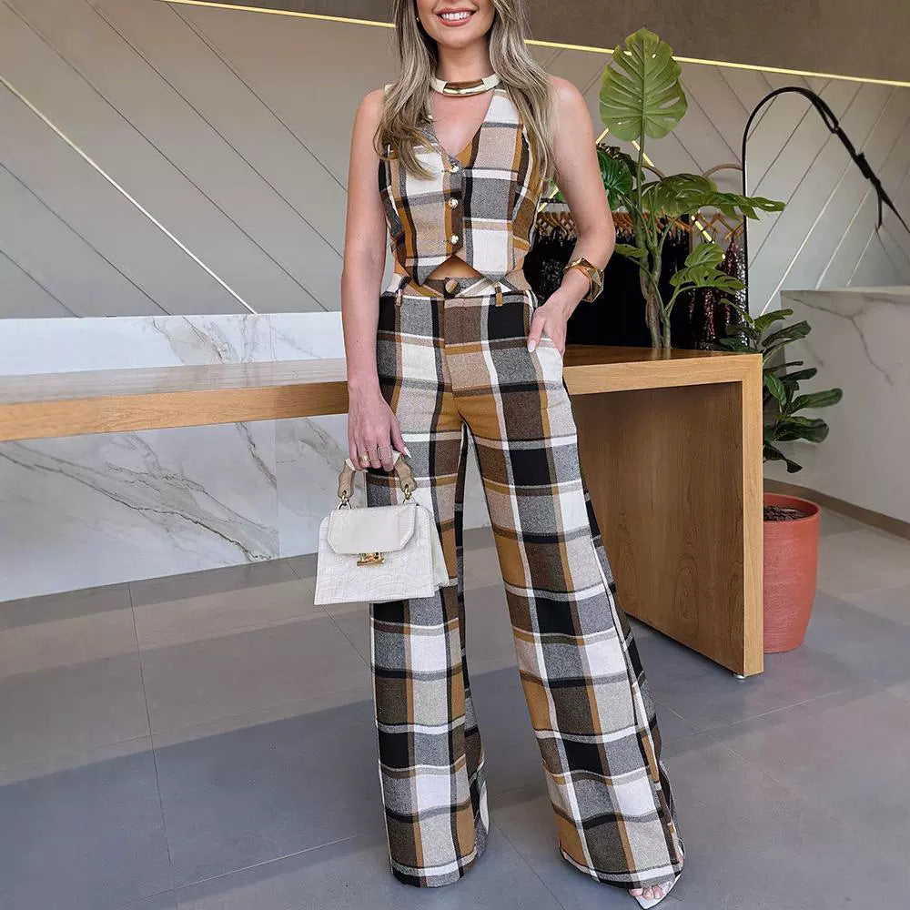 Plaid Sleeveless Vest Suit Straight-Leg Pants