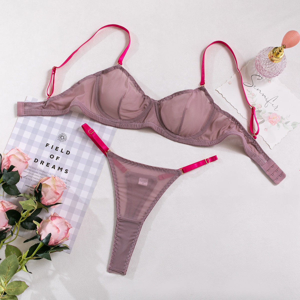 Lotus Color Mesh Comfortable Fabric Contrast Color See-Through Two-Piece Set