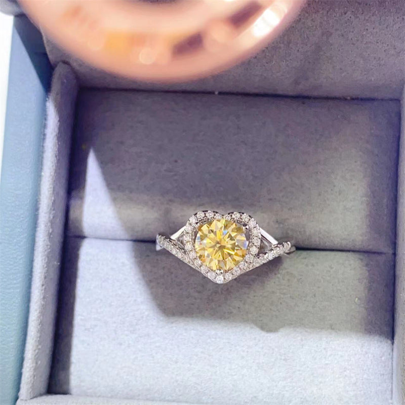 Yellow Moissanite Heart-Shaped Color Yellow Diamond Platinum Jewelry Ring