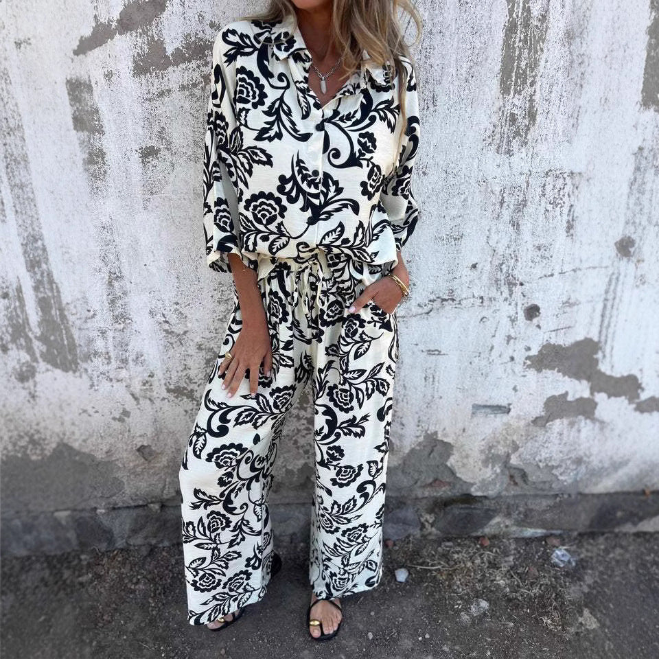Casual Women's Printed Shirt And Trousers Two-Piece Set