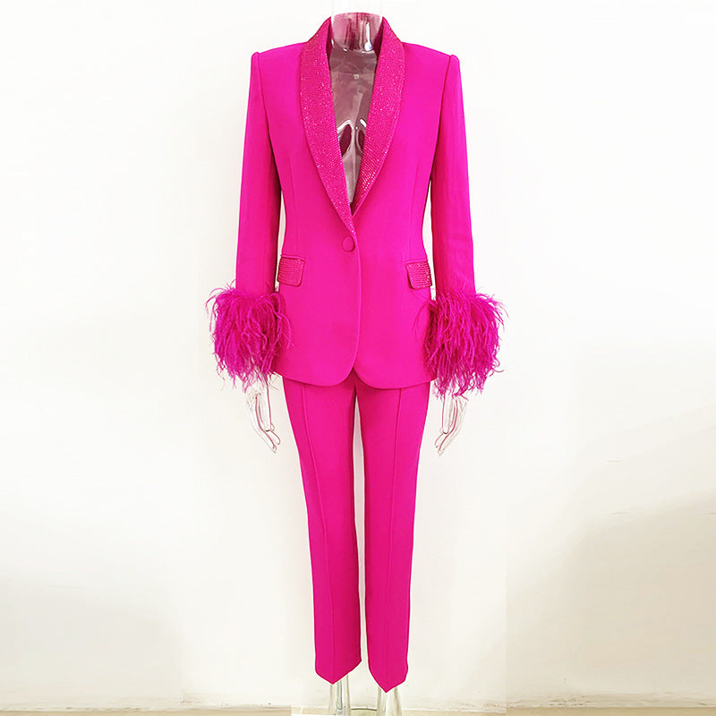 Ostrich Feather True Feathers Rhinestone Green Fruit Collar Suit Jacket
