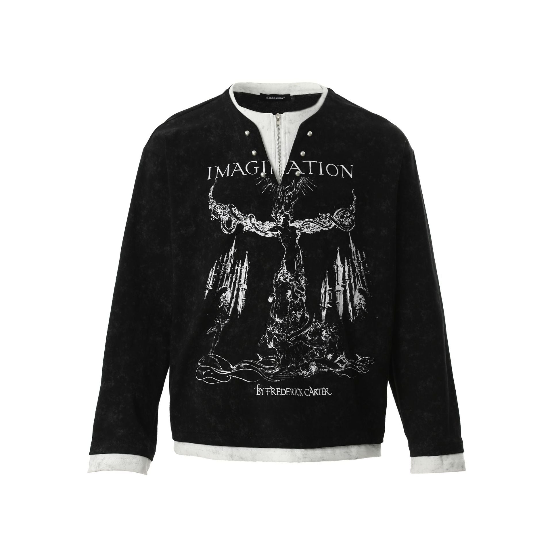 American Retro Punk Printed Pearl Buckle Fake Two-Piece Long Sleeve