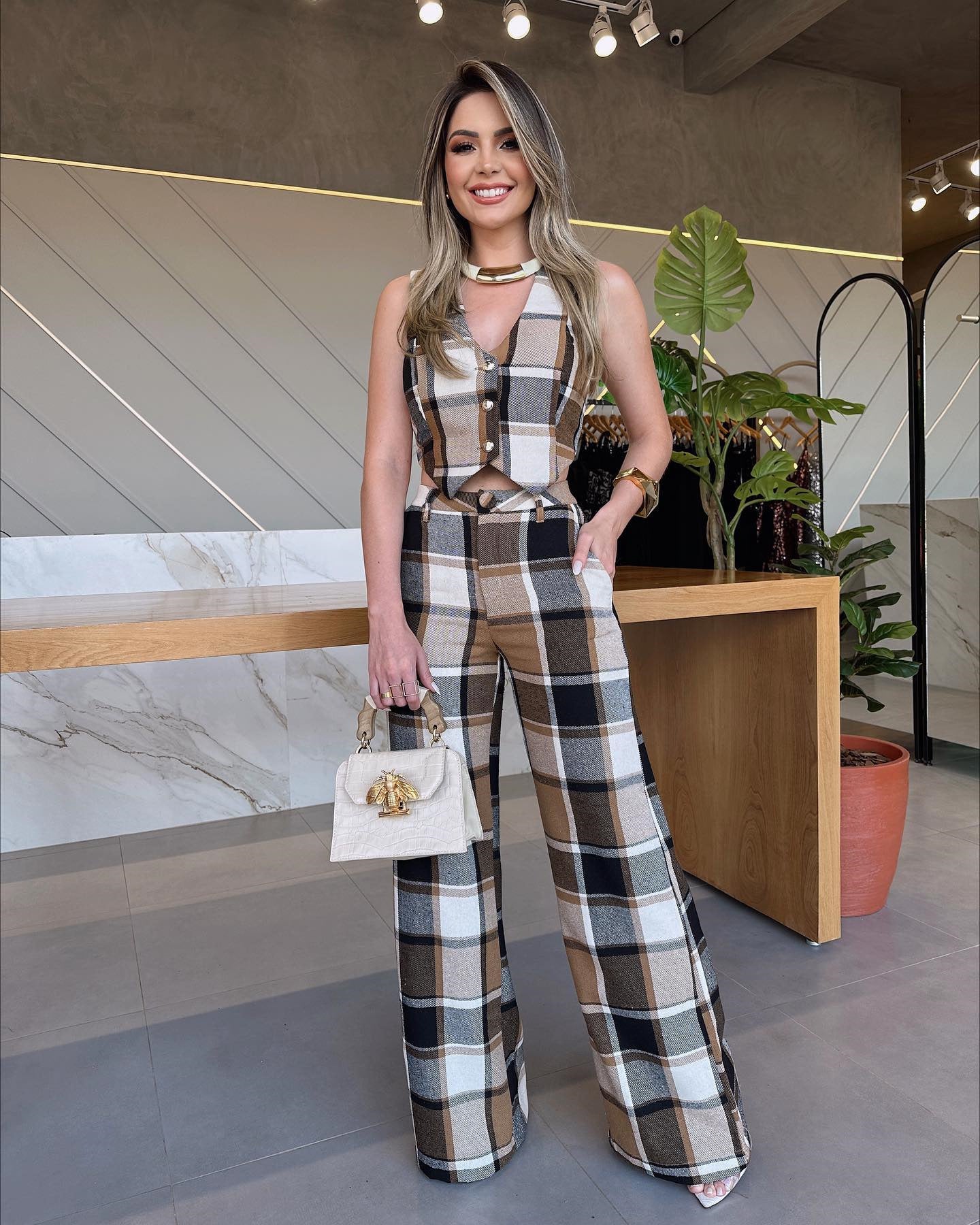 Plaid Sleeveless Vest Suit Straight-Leg Pants