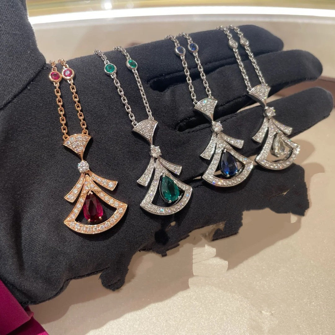 Fashionable All-Match Pear-Shaped Red and Blue Emerald Full Diamond Clavicle Chain