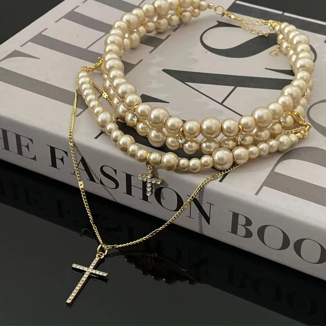 Women's Multi-Layer Pearl Cross Necklace