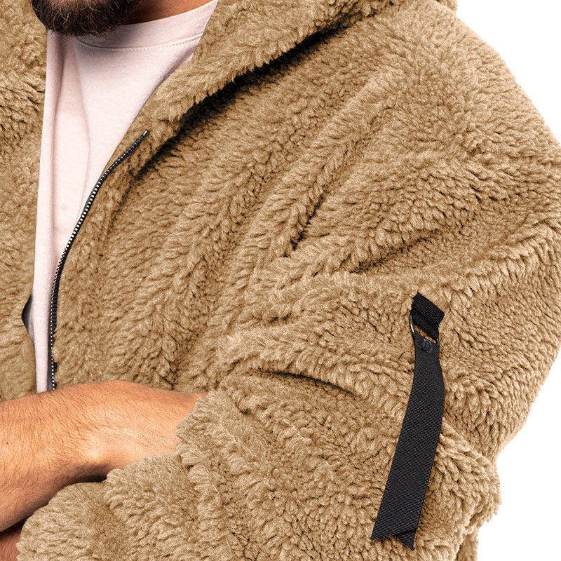 Plush Hooded Jacket Men's Autumn And Winter Fleece Double-Sided Wear Warm Coat With Zipper Loose Casual Jacket Outdoor Clothing