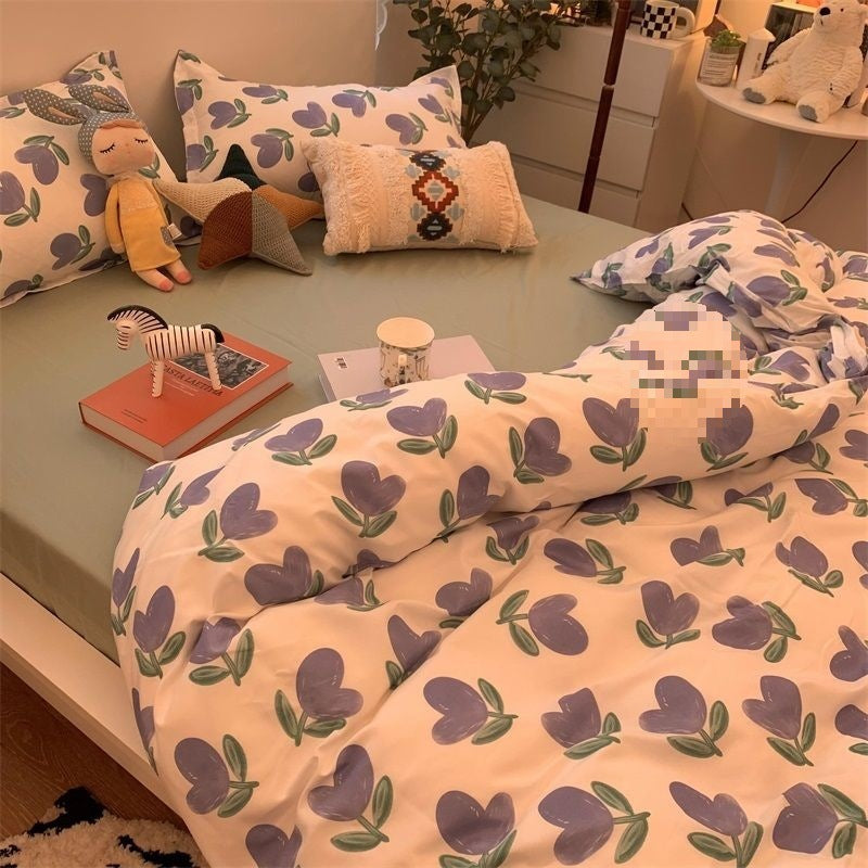 Double-Piece Foggy Gray Quilt Cover Four-piece Bedding Sheet Dormitory Bed Three-Piece Set