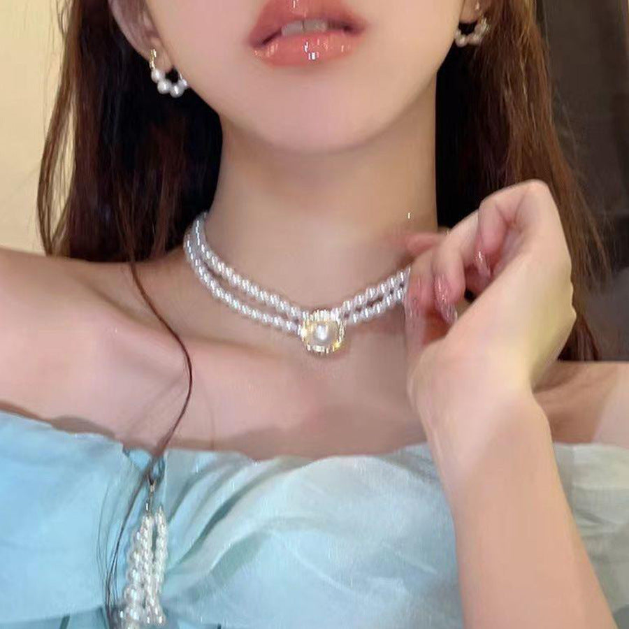 New Rhinestone Pearl Tassel Double-Layer Necklace