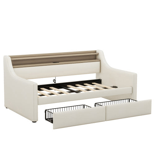 Twin Size Daybed With Storage Drawers, Upholstered Daybed With Charging Station And LED Lights, Beige