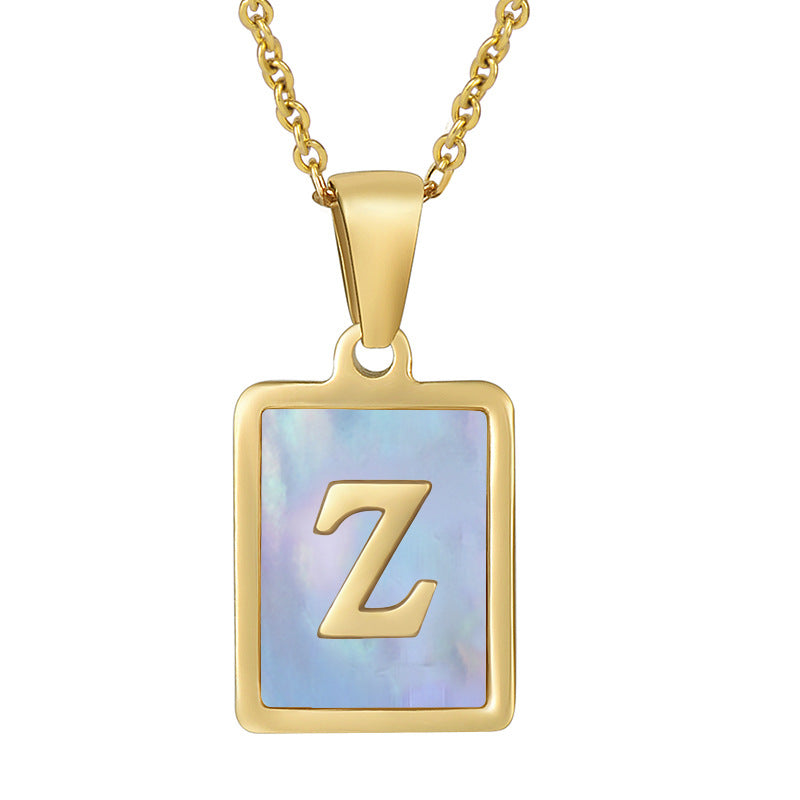 Titanium Steel 26 English Letter Necklace Blue Shell